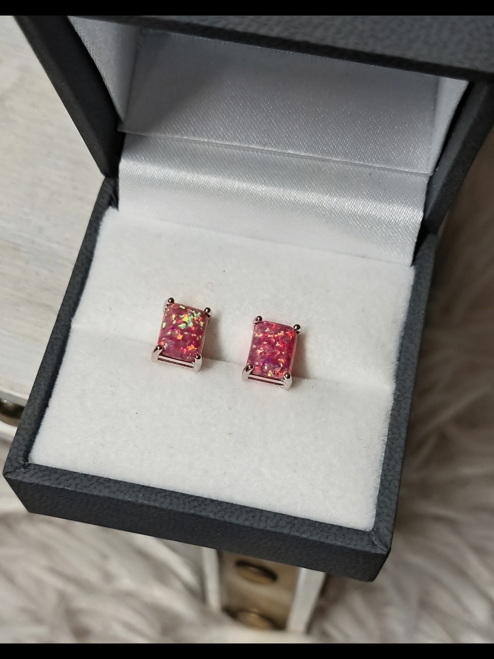 925 Sterling Silver Pink Fire Natural Opal Emerald Cut Stud Earrings (6x8mm)